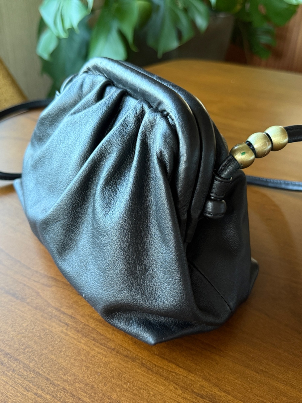 HOBO Black Gathered Leather Crossbody with Wooden Bead Accent